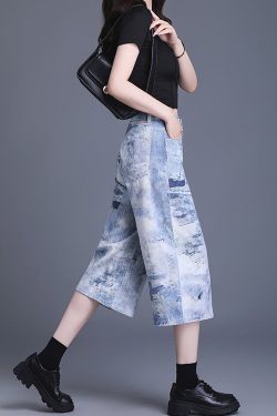Women Blue Pockets Tie Dye Denim Crop Pants Summer