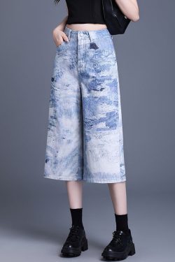 Women Blue Pockets Tie Dye Denim Crop Pants Summer