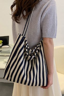 Women Blue Striped High-capacity Cozy Canvas Satchel Handbag