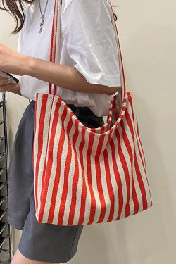 Women Blue Striped High-capacity Cozy Canvas Satchel Handbag