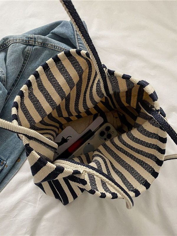 Women Blue Striped High-capacity Cozy Canvas Satchel Handbag