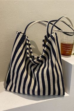 Women Blue Striped High-capacity Cozy Canvas Satchel Handbag