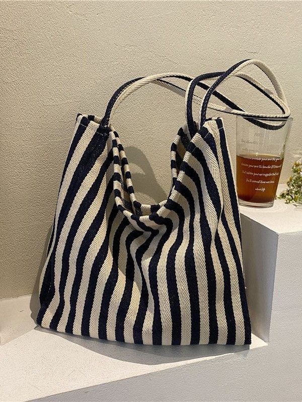 Women Blue Striped High-capacity Cozy Canvas Satchel Handbag