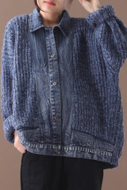 Women blue Sweater Blouse lapel collar oversize patchwork sweaters