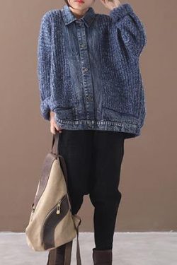 Women blue Sweater Blouse lapel collar oversize patchwork sweaters