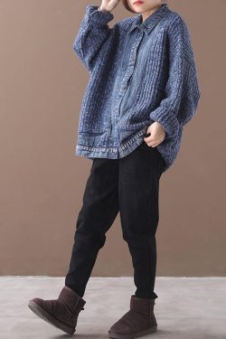 Women blue Sweater Blouse lapel collar oversize patchwork sweaters