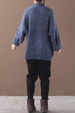 Women blue Sweater Blouse lapel collar oversize patchwork sweaters