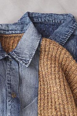 Women blue Sweater Blouse lapel collar oversize patchwork sweaters