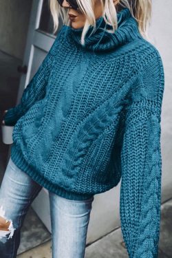 Women Blue Turtleneck Thick Cable Knit Sweaters Spring