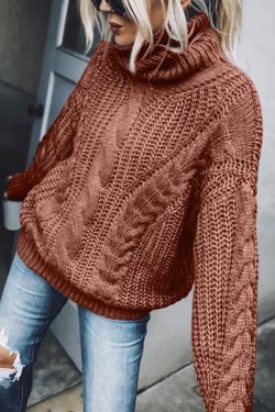 Women Blue Turtleneck Thick Cable Knit Sweaters Spring