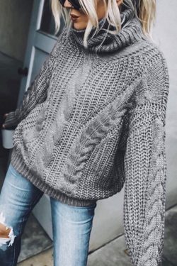 Women Blue Turtleneck Thick Cable Knit Sweaters Spring