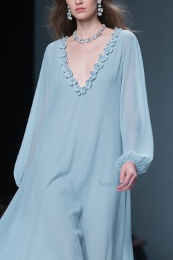 Women Blue V Neck Floral Solid Chiffon Long Dresses