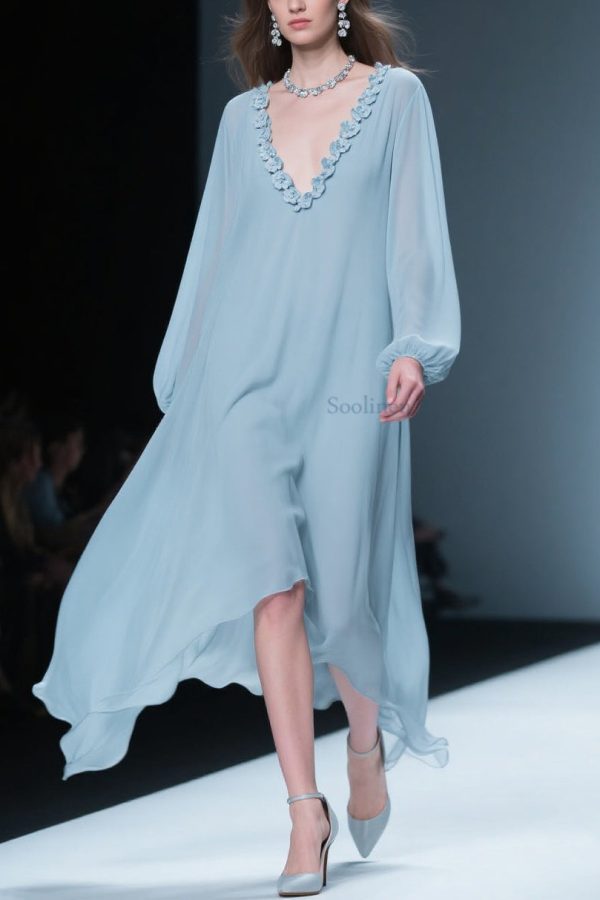 Women Blue V Neck Floral Solid Chiffon Long Dresses