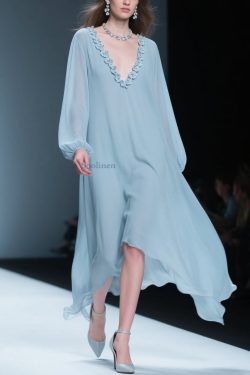 Women Blue V Neck Floral Solid Chiffon Long Dresses