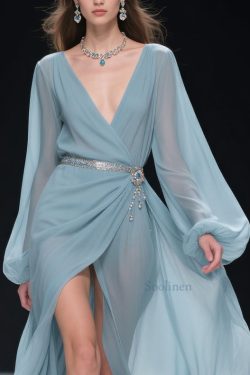 Women Blue V Neck Wrinkled Side Open Long Dresses Lantern Sleeve