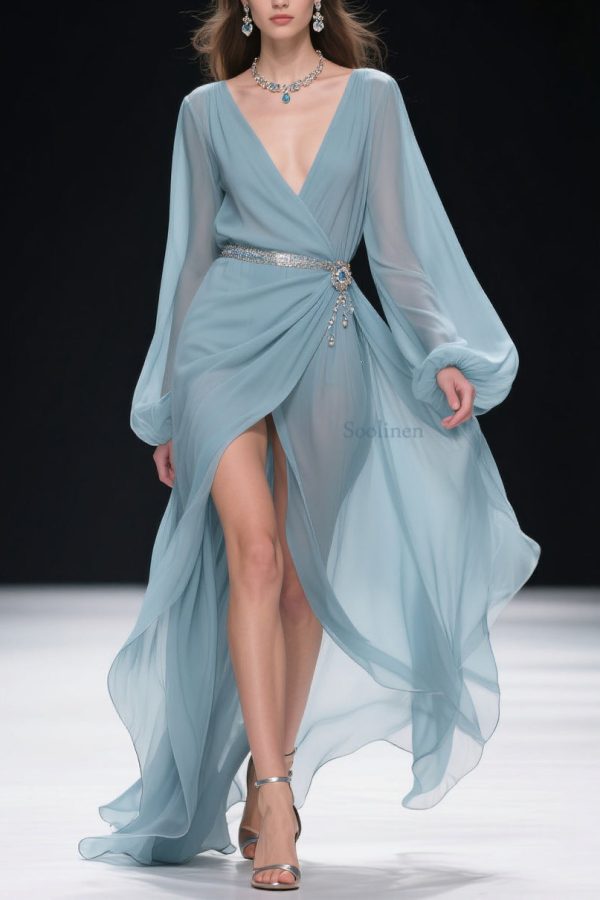 Women Blue V Neck Wrinkled Side Open Long Dresses Lantern Sleeve