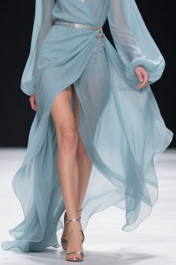 Women Blue V Neck Wrinkled Side Open Long Dresses Lantern Sleeve