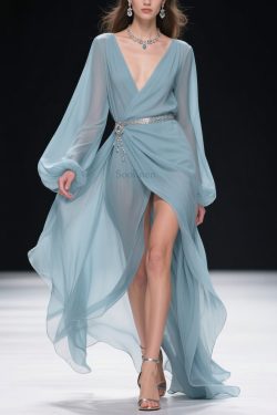 Women Blue V Neck Wrinkled Side Open Long Dresses Lantern Sleeve