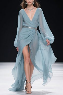 Women Blue V Neck Wrinkled Side Open Long Dresses Lantern Sleeve