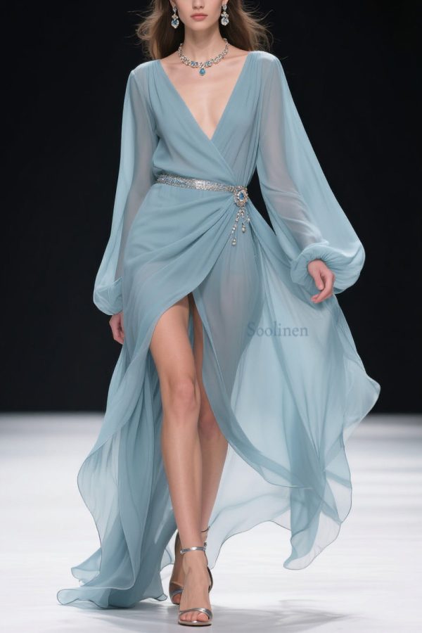 Women Blue V Neck Wrinkled Side Open Long Dresses Lantern Sleeve