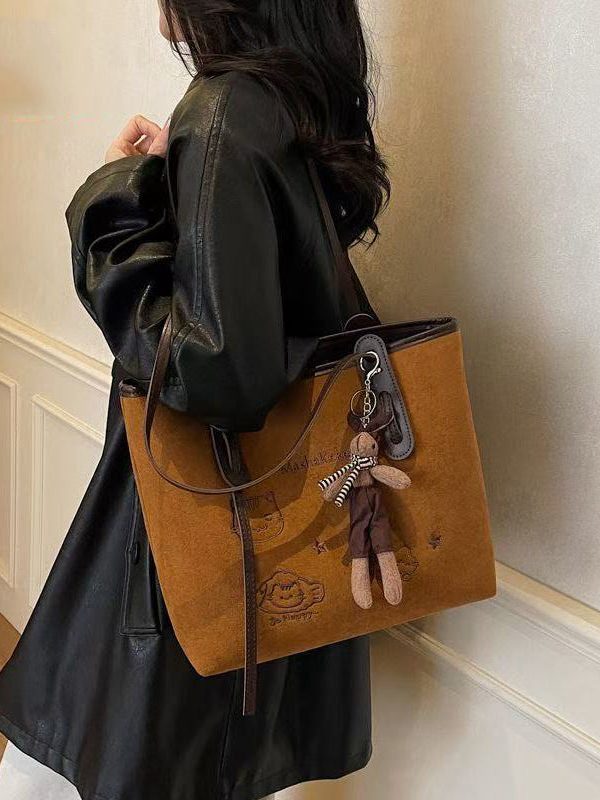 Women Brown Cute Cat Embroidered Faux Leather Shoulder Bags