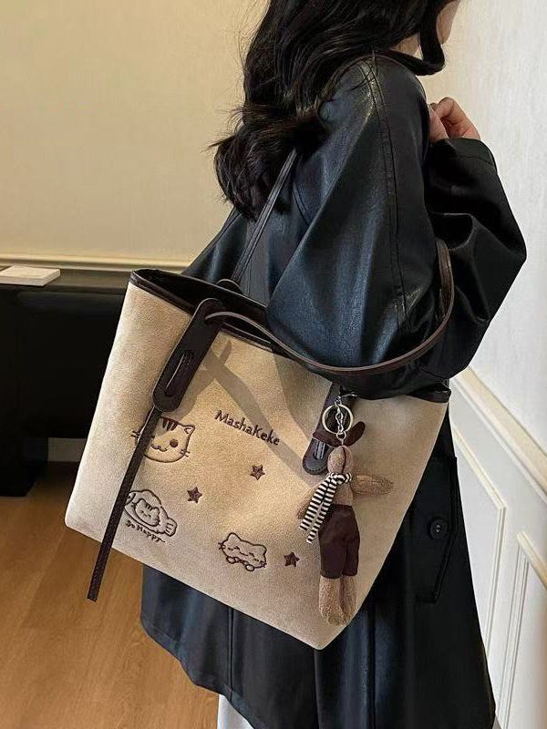 Women Brown Cute Cat Embroidered Faux Leather Shoulder Bags