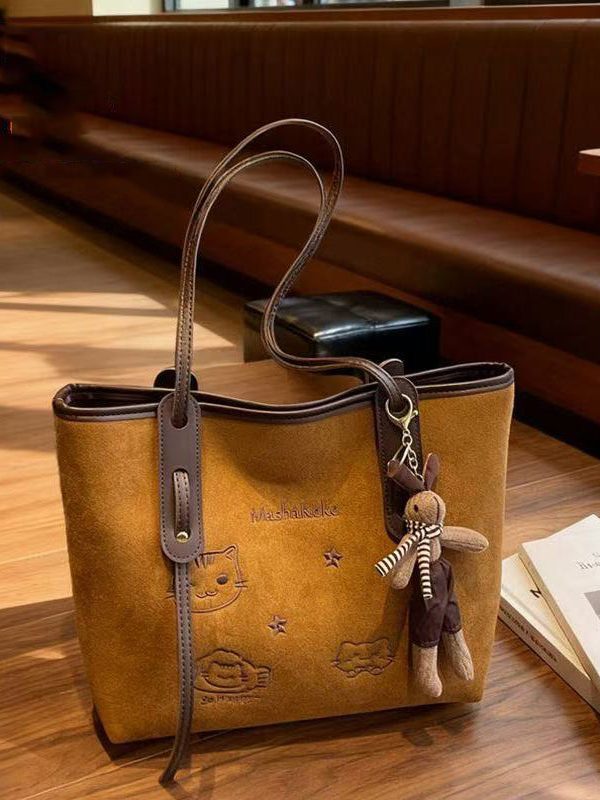 Women Brown Cute Cat Embroidered Faux Leather Shoulder Bags