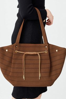 Women Brown Drawstring Striped Cotton Shoulder Bags