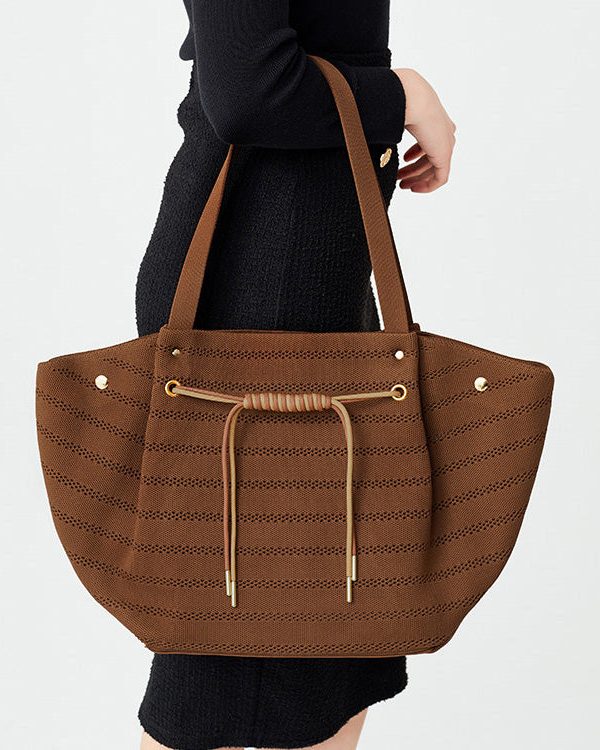 Women Brown Drawstring Striped Cotton Shoulder Bags
