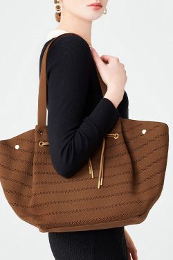 Women Brown Drawstring Striped Cotton Shoulder Bags