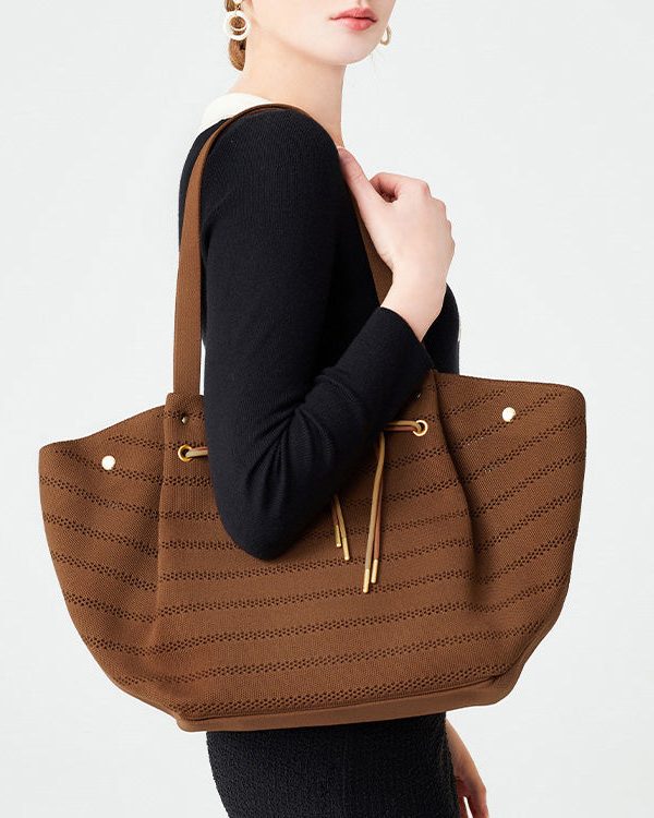 Women Brown Drawstring Striped Cotton Shoulder Bags