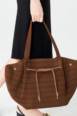Women Brown Drawstring Striped Cotton Shoulder Bags