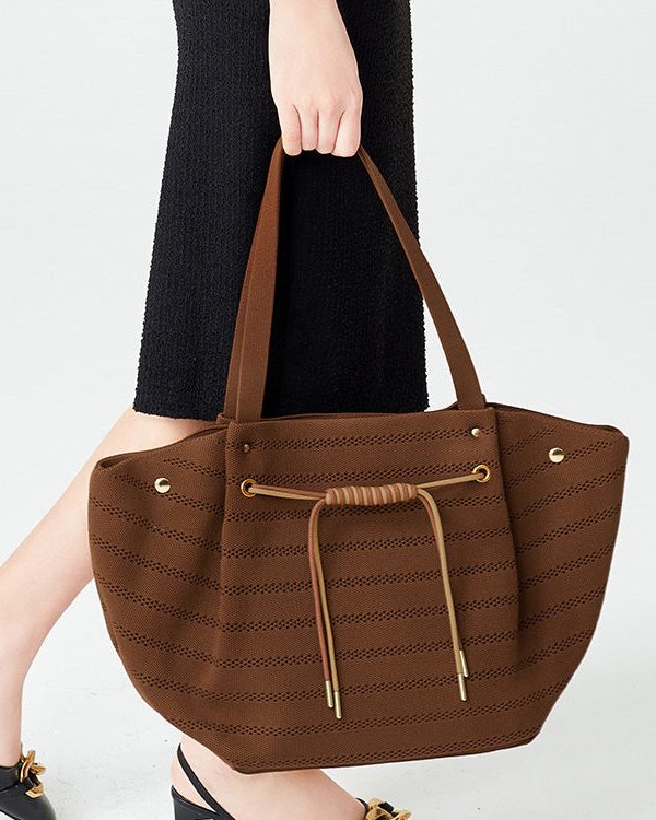 Women Brown Drawstring Striped Cotton Shoulder Bags