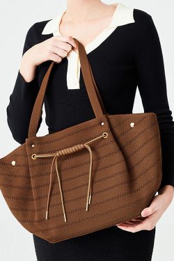 Women Brown Drawstring Striped Cotton Shoulder Bags