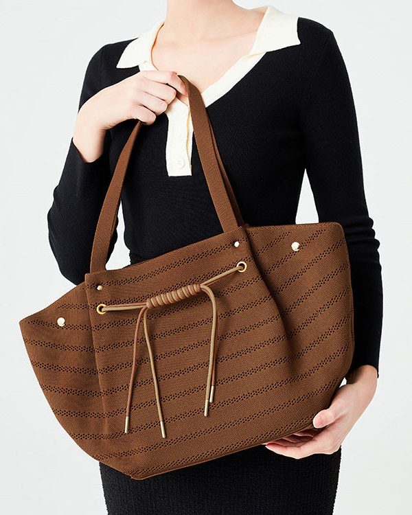 Women Brown Drawstring Striped Cotton Shoulder Bags