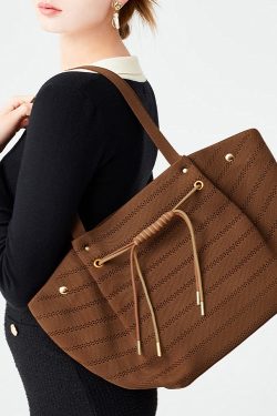 Women Brown Drawstring Striped Cotton Shoulder Bags