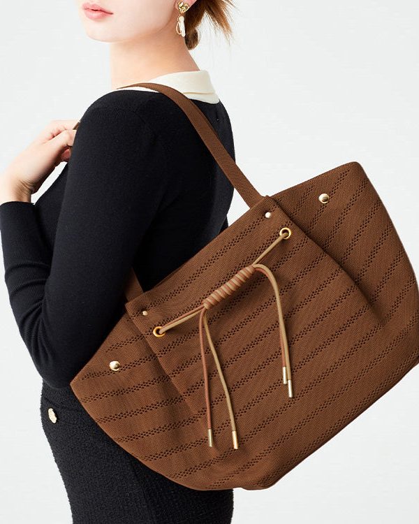 Women Brown Drawstring Striped Cotton Shoulder Bags