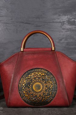 Women Brown The Sunflowers Embossing Calf Leather Tote Handbag