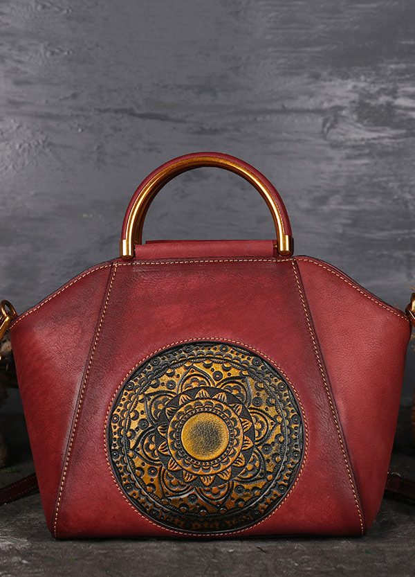 Women Brown The Sunflowers Embossing Calf Leather Tote Handbag
