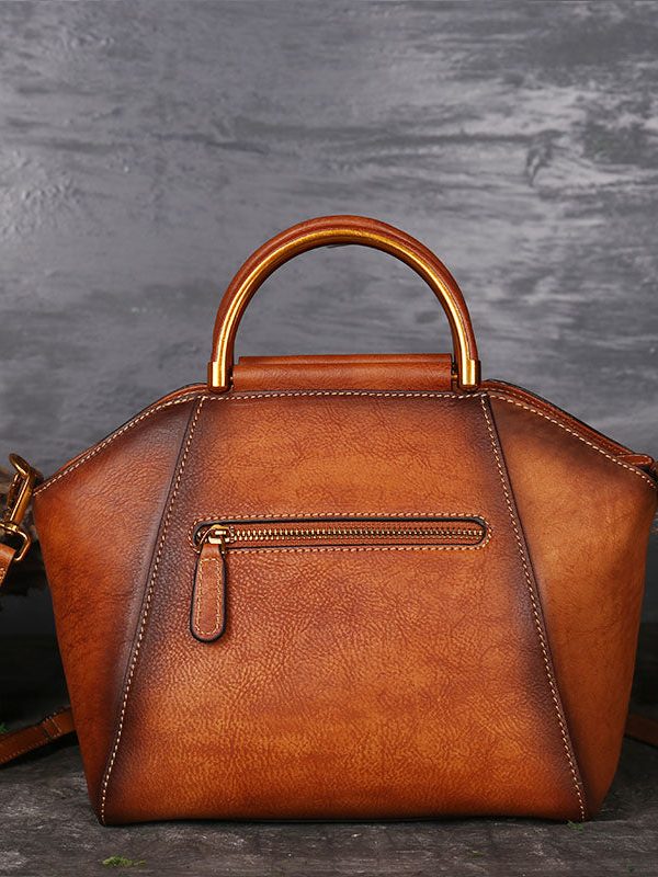 Women Brown The Sunflowers Embossing Calf Leather Tote Handbag
