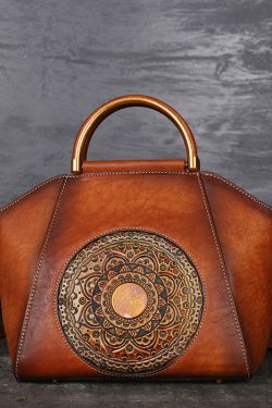 Women Brown The Sunflowers Embossing Calf Leather Tote Handbag