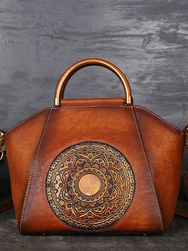 Women Brown The Sunflowers Embossing Calf Leather Tote Handbag