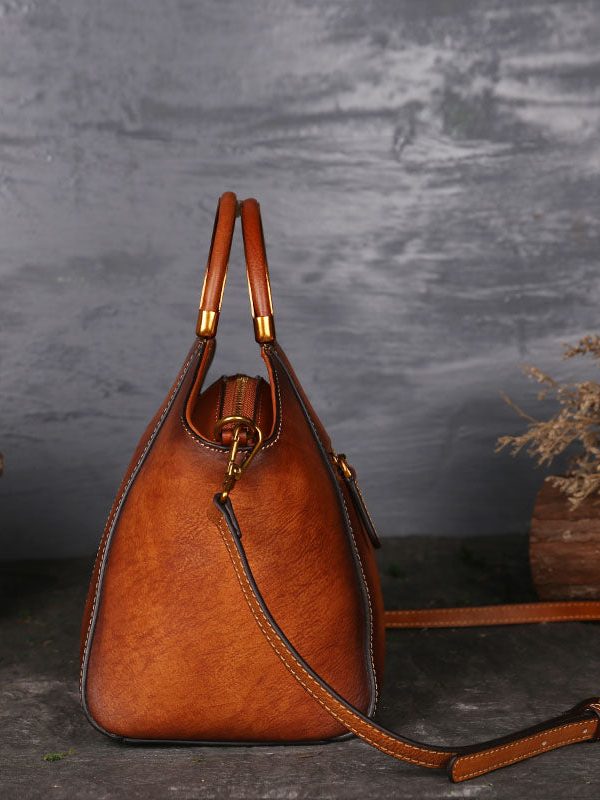 Women Brown The Sunflowers Embossing Calf Leather Tote Handbag