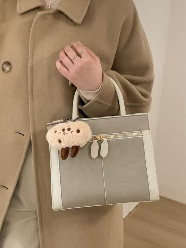 Women Brown Zippered Patchwork Faux Leather Tote Handbag