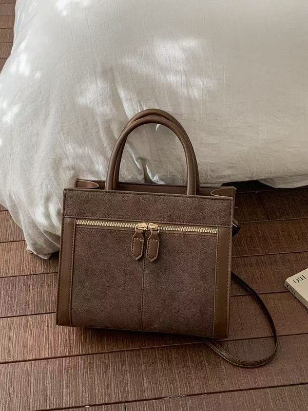 Women Brown Zippered Patchwork Faux Leather Tote Handbag