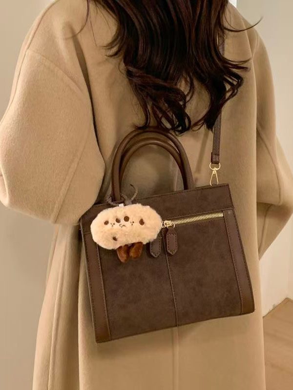 Women Brown Zippered Patchwork Faux Leather Tote Handbag