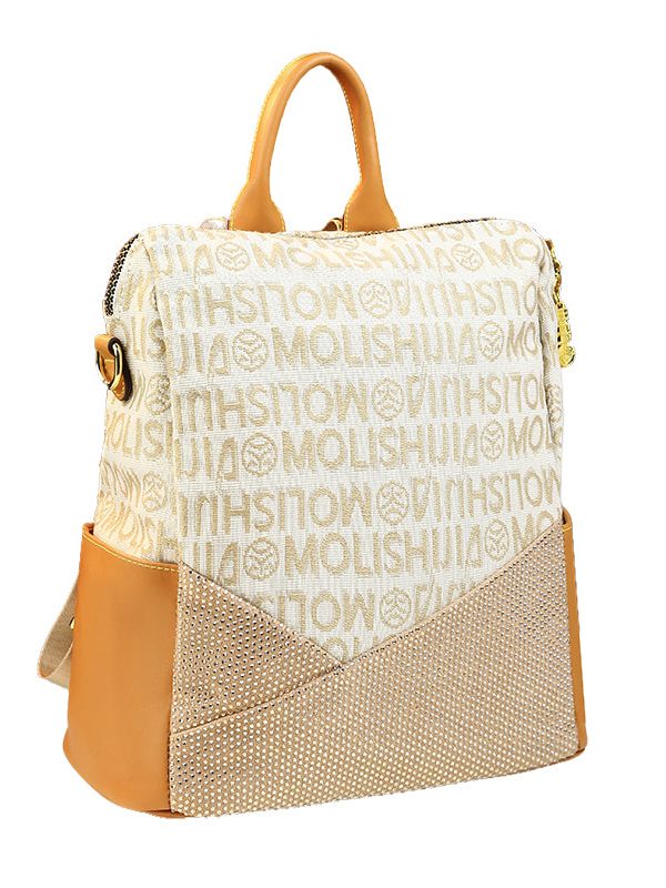 Women Casual Apricot Graphic Zircon Calf Leather Backpack Bag