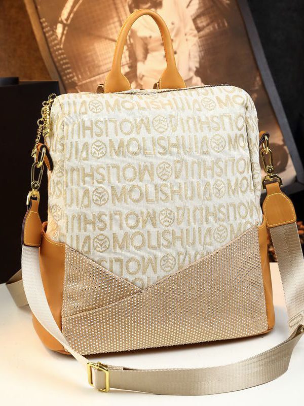 Women Casual Apricot Graphic Zircon Calf Leather Backpack Bag