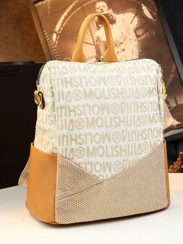 Women Casual Apricot Graphic Zircon Calf Leather Backpack Bag