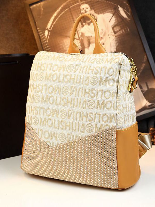 Women Casual Apricot Graphic Zircon Calf Leather Backpack Bag